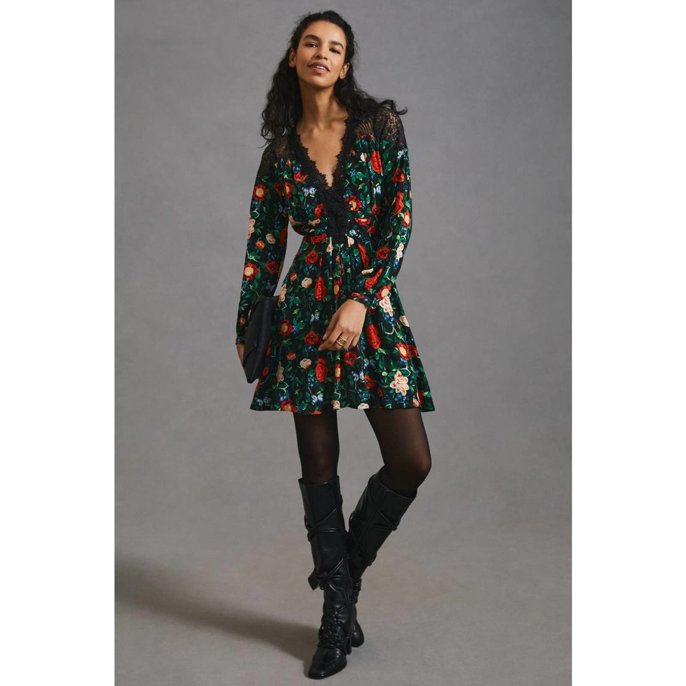 Floral V-Neck Long Sleeve Mini Dress - Green